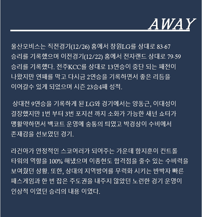 전주KCC vs 울산모비스 12월29일 KBL 분석 및 픽